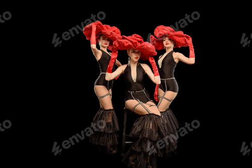 Preview: Three beautiful cabaret dancers in red hats isolated on black