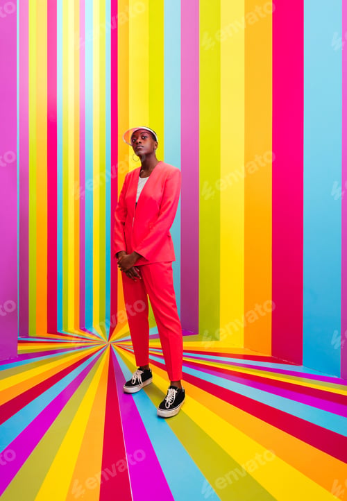 Preview: Beautiful young woman dancing and having fun inside a rainbow box room
