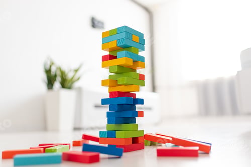 Preview: Blocks of wood isolated on white background, strategy game as a business plan for team work