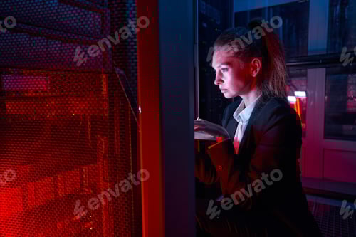 Preview: Woman administrator checking equipment in data center