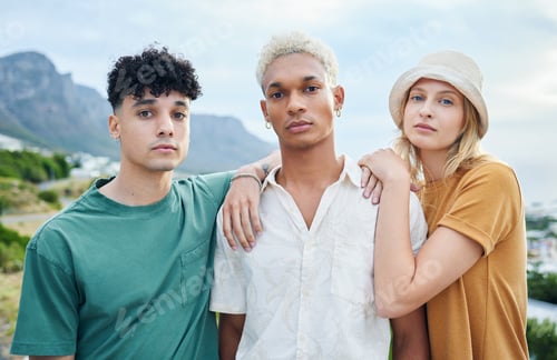 Preview: Fashion, friends and summer with a man and woman friend group standing outdoor in nature for divers
