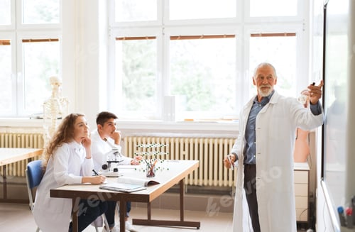 Preview: Senior teacher teaching high school students in laboratory.