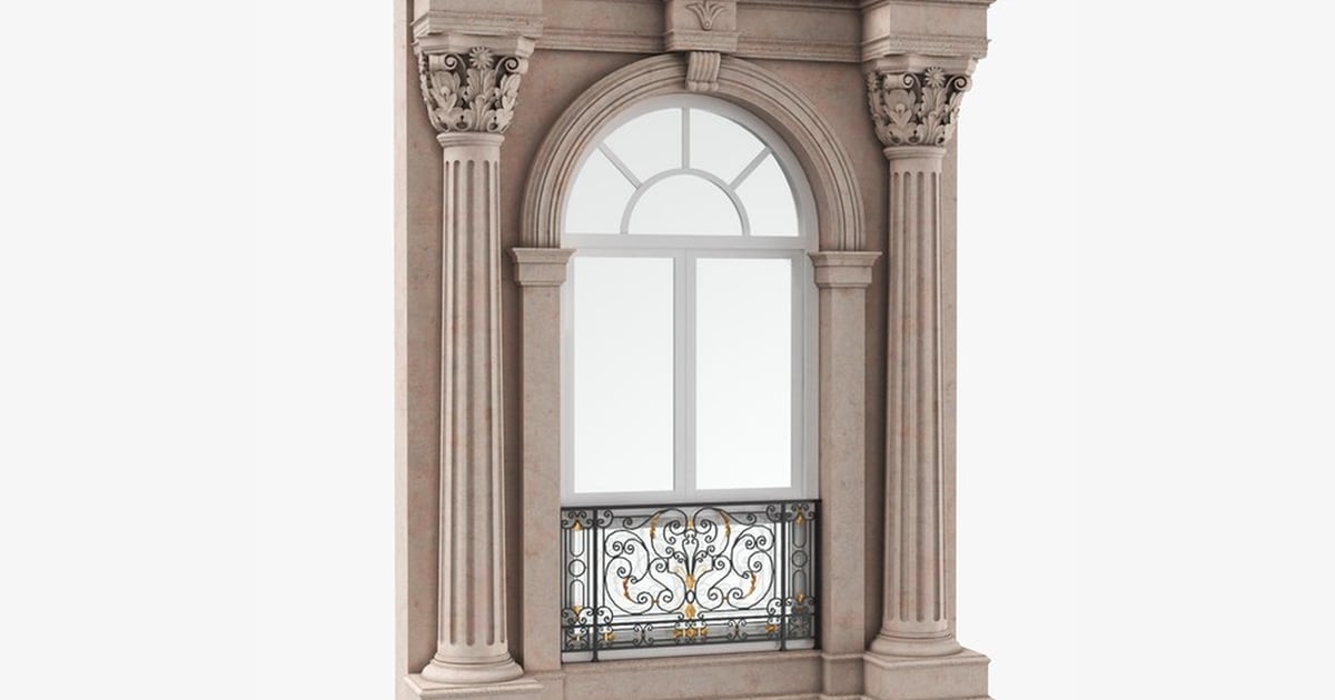 Ornate Stone Window with Columns and Balcony Railing 3D, Incl. molding ...