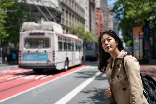 Preview: lady waiting for bus on street in san Francisco