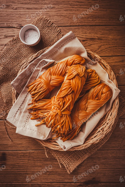 Preview: Smoked braided cheese, chechil cheese on wooden cutting board