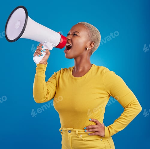 Preview: Megaphone, angry and screaming black woman in studio for message, broadcast or vote on blue backgro