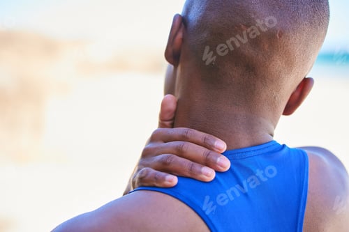 Preview: Neck pain, back and man outdoor, accident and fitness exercise in training workout. Spine, sports i