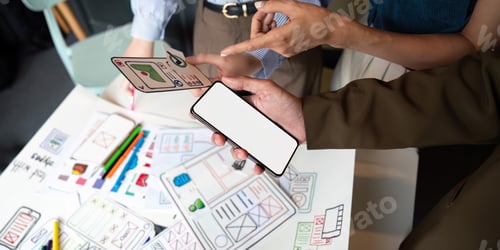 Preview: Brainstorm planning creative asian teamwork, Group of mobile phone app developer team meeting for