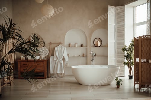 Preview: Luxury interior of big bathroom at modern african style with oval bathtub in natural lighting