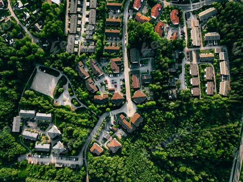 Preview: Aerial view of european town. Houses in beautiful residential neighbourhood in Finland