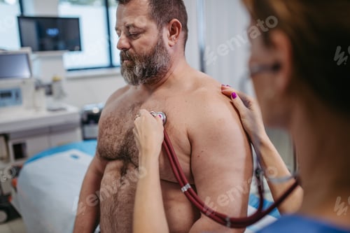 Preview: Overweight patient having problem with breathing, doctor using stethoscope detecting asthma. Obesity