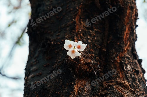 Preview: Closeup of cherry blossom flowers on a tree trunk