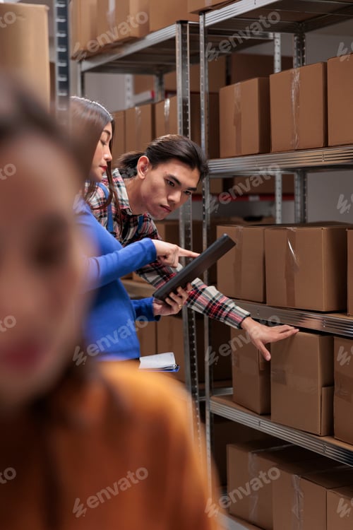 Preview: Warehouse employees inspecting parcels on rack and doing inventory