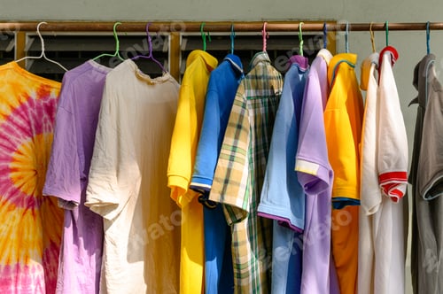 Preview: Colorful male shirt hanging on clothes line in sunny
