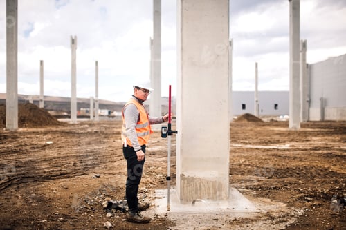 Preview: Surveyor engineer with theodolite equipment and tools at construction site