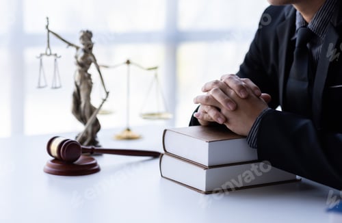 Preview: Lawyer working in office. Statue of justice, Law, legal services, advice, justice and law concept