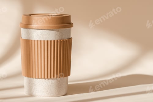 Preview: Sustainable bamboo eco friendly cup with silicone holder on natural shadow beige background