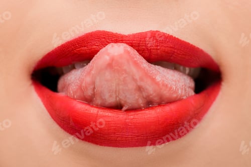 Preview: cropped view of girl with red lipstick licking lips isolated on white