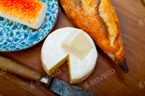 Preview: French cheese and fresh baguette on a wood cutter