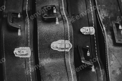 Preview: Closeup grayscale shot of vintage banjo and guitar cases.