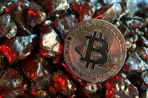 Preview: Bitcoin and gold nuggets on table in red light, closeup