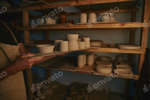 Preview: cropped image of potter in apron putting ceramic bowls and dishes on shelves at workshop