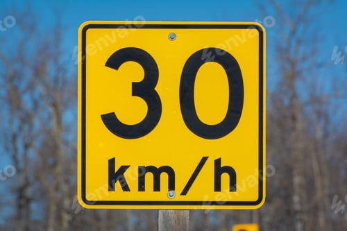 Preview: 30 km per hour street speed sign with blue skies and a wooded area in the background