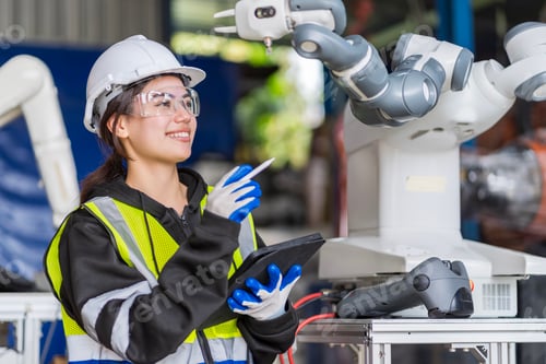 Preview: A team of female engineers meeting to inspect computer-controlled steel welding robots.