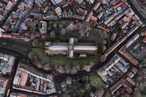Preview: Aerial map view directly above the North Yorkshire market town of Selby with Selby Abbey prominent