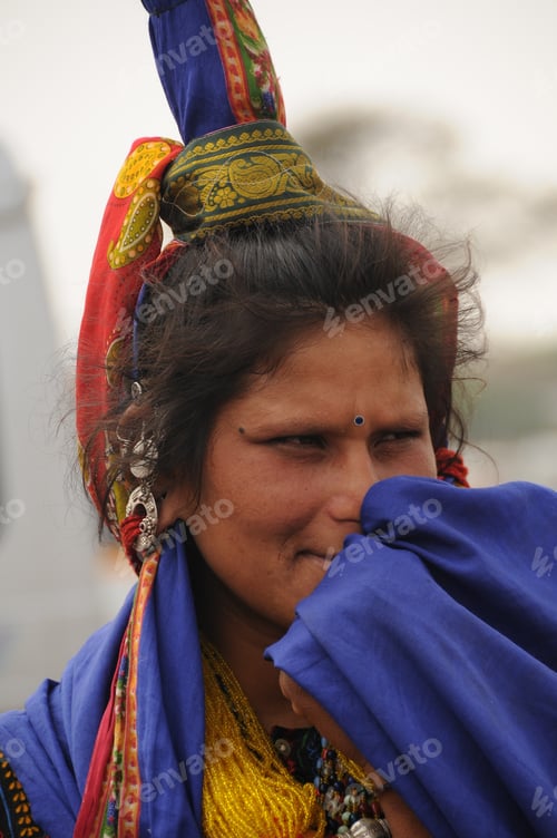 Preview: Young Banjara tribal women with ornaments and colorful dress, India