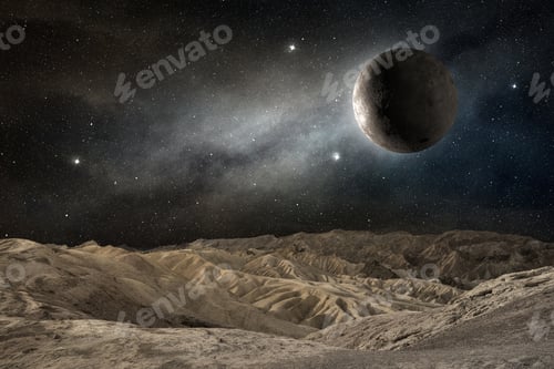 Preview: moon on a desert landscape in a starry night