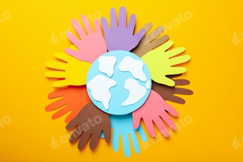 Preview: Colorful Paper Hands Around Earth on Yellow Background