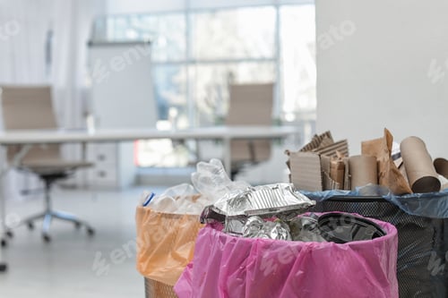 Preview: Full trash cans in modern office, space for text. Waste recycling
