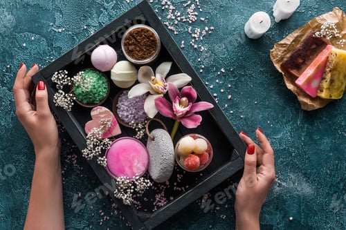 Preview: cropped shot of human hands and box with organic spa accessories and flowers