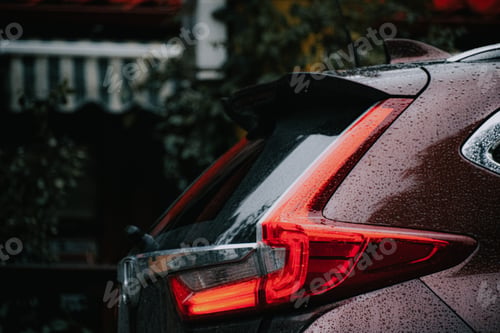Preview: Closeup shot of a red modern car covered with raindrops