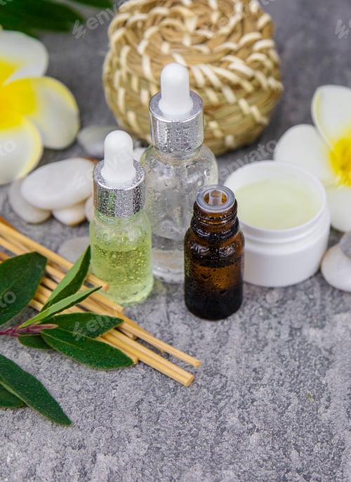 Preview: Background spa cosmetics and oils and herbs. Selective focus.