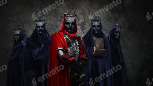 Preview: Occult group of five cultists against dark background