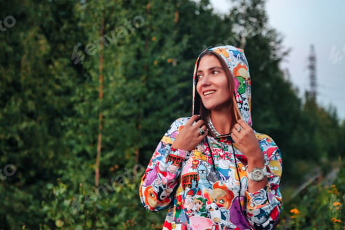 Preview: Outdoors portrait adult woman on nature walking in summer forest