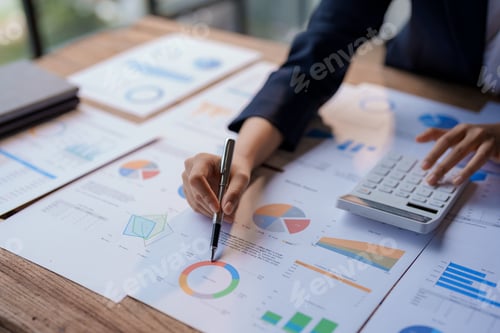 Preview: Close-up of a business woman's hands using a calculator to calculate and take notes to audit company