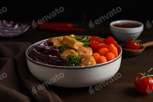 Preview: Fried tofu salad on a wooden table