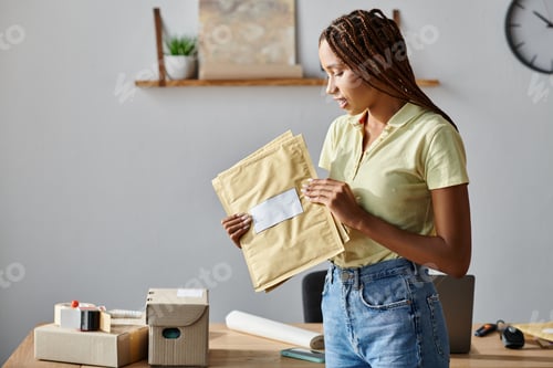Preview: appealing young african american female seller looking at post packets during work, delivery concept