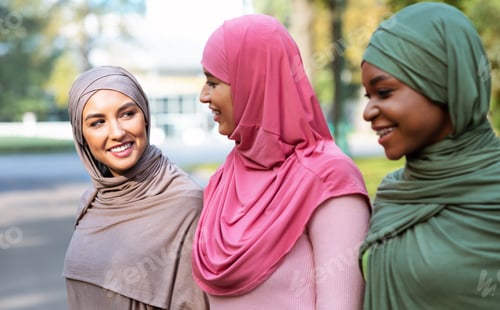 Preview: Three Happy Muslim Women Walking Together And Talking In Park