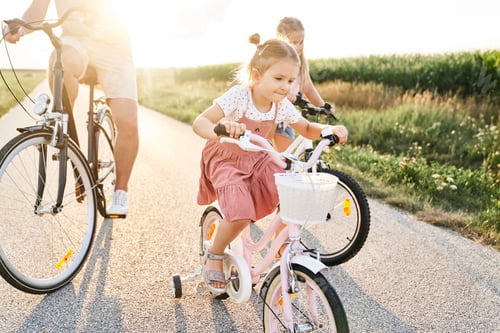 Preview: Family of three caucasian people sitting on bikes on village road
