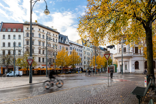 Preview: Scenic autumn cityscape shows Magdeburg Hasselbachplatz wet pavement