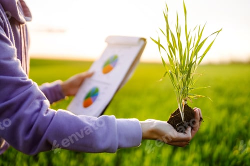Preview: Hand of expert farmer collect soil and checking soil health before growth a seed of vegetable.