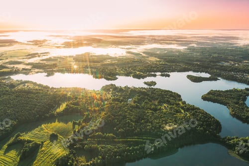 Preview: Lyepyel District, Vitebsk Region, Belarus. Aerial View Of Sunset Sunrise Above Residential Area With
