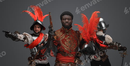 Preview: Three conquistadors with plumed helmets and flintlock guns