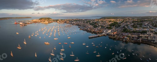 Preview: Panoramic shot of a port of Falmouth under the sunlight and a blue cloudy sky in Cornwall, Englas