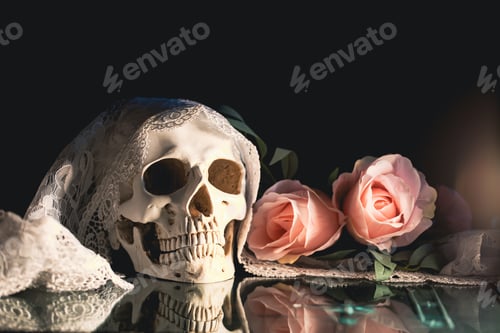 Preview: Human skull and flowers. Day of the dead, Dia de los muertos character.