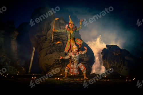 Preview: Khon is art culture Thailand Dancing in masked Tos-sa-kan and Hanuman are fighting in literature Ram